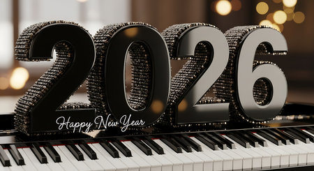 Happy new year 2026 concept, black textured numbers, shiny accents for new year celebration, piano keyboard background, elegant design for annual greeting, musical theme for calendar year, sophisticated visual for upcoming event, contrasting colors for digital card, luxurious congratulatory message, artistic atmosphere for new year poster, glamorous social media banner, decorative number placement, shimmering details for annual date, dark background with bokeh lights, refined design for corporate announcement, classy display for web advertisement, exquisite visual for special occasion.の素材