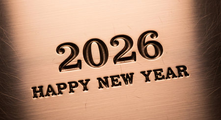 Happy new year 2026 embossed onto a radiant bronze metal surface. The numbers and text exhibit a classic, elegant style with subtle texture, highlighted by warm, dramatic lighting. Industrial yet sophisticated visual, perfect for a strong and timeless new year announcement.の素材