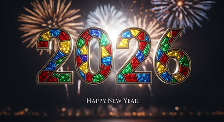 Happy new year 2026 text featuring stained glass numbers against a backdrop of colorful festive fireworks. This vibrant celebratory design combines traditional artistry with modern pyrotechnics, creating a visually striking greeting. Bright colors and intricate patterns evoke a joyous atmosphere. A unique and artistic way to usher in the new year.の素材