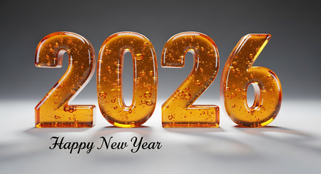 2026 happy new year, three-dimensional transparent amber numbers with effervescent bubbles, festive greeting on a clean white surface with soft shadows, concept of a fresh start, celebration, and upcoming year, bright and cheerful new year design, shiny and glossy numbers for new year wishesの素材
