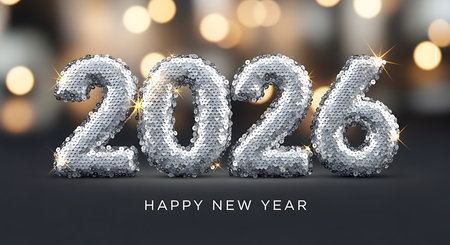 Happy new year 2026 rendered with sparkling silver sequin numbers set against a sophisticated dark background. The shiny text reflects light, creating a glamorous and festive mood, complemented by blurred golden bokeh lights in the background. This elegant design is perfect for conveying new year greetings and celebrating the holiday season with shimmer.の素材