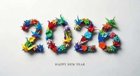 Happy new year 2026 greeting, crafted from intricate origami. Numbers 2026 formed by colorful paper cranes and stars, showcasing artistic paper craft on a pristine white background. Unique and creative way to celebrate the new year, embodying hope and peace through traditional Japanese art.の素材
