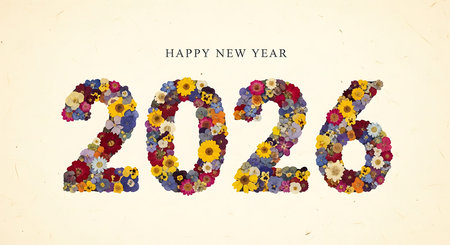 Happy new year 2026 concept, numbers made of colorful pressed flowers, floral arrangement for new year celebration, light textured background, natural beauty theme for annual greeting, organic design for calendar year, vibrant bloom composition, botanical elements for upcoming event, eco-friendly visual for digital card, spring atmosphere for new year poster, diverse flower species, cheerful social media banner, unique artistry for annual date, dried flower digits, earthy tones for congratulatory message, decorative floral pattern, unique blend of nature, artistic floral arrangement.の素材