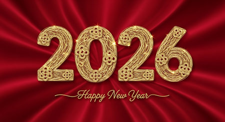Happy new year 2026 with luxury golden numbers, intricately designed with a celtic knot pattern, set against a backdrop of rich red draped silk fabric. Elegant new year greeting card design, featuring sparkling gold textures. Festive illustration for upcoming celebration, showcasing ornate typography. Stylish numbers on a premium textile. Sophisticated and shimmering decorative elements for holiday season.の素材