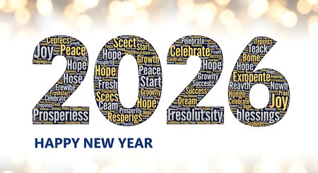 Happy new year 2026. The numbers for '2026' are creatively formed from a mosaic of positive and inspiring words such as hope, peace, joy, growth, and blessings. This word cloud style design is set against a soft, bright bokeh background, creating a celebratory and uplifting atmosphere.の素材