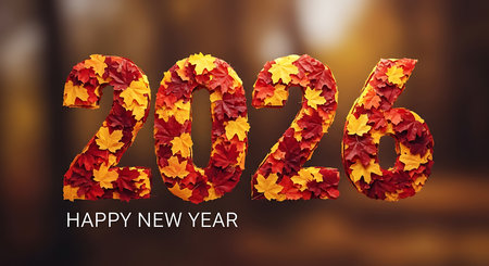 Happy new year 2026 message displayed on autumn leaves background, featuring vibrant red and yellow foliage. Fall season celebration with decorative numbers crafted from natural elements. The warm tones of the leaves create a cozy and inviting atmosphere. A unique way to celebrate new beginnings with nature. Seasonal greeting with autumn colors.の素材