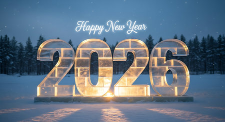 Happy new year 2026 greeting with an illuminated ice sculpture set in a snowy winter landscape. Glistening ice numbers reflect warm light in a frosty environment, creating a serene and festive scene. The cold blue tones of the snow contrast beautifully with the glowing ice, offering a unique new year celebration. Winter wonderland atmosphere.の素材