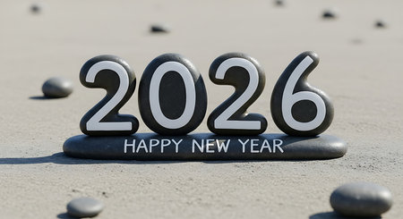 Happy new year 2026 greeting card. Numbers shaped as smooth gray stones on a sandy beach landscape, scattered pebbles, peaceful outdoor setting, natural rock texture, calm background, minimalist design, simple festive message, serene environment, organic aesthetic, clean composition, tranquil scenery.の素材