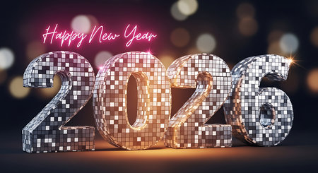 2026 happy new year, shiny disco ball numbers reflecting light, standing on a dark background with blurred bokeh lights, celebration mood, festive atmosphere, dazzling visual for new beginnings, glittery and bright design, vibrant holiday greeting with sparkling effectsの素材