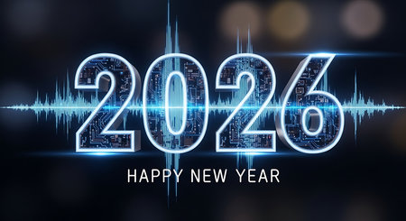 Happy New Year 2026 text with futuristic circuit board design elements and a vibrant digital sound wave background. A modern technology-inspired graphic for new year celebrations, representing innovation and future. Dynamic visual with glowing blue light effects.の素材