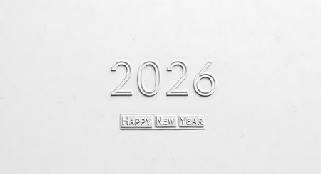 Clean and elegant 2026 happy new year text rendered in white on a subtle white background, creating a minimalist aesthetic. This design is perfect for new year celebrations, seasonal greetings, and calendars, conveying simplicity and freshness for the upcoming year.の素材