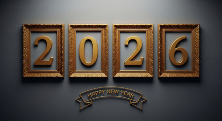 Happy new year 2026 numbers in golden frames on a grey wall. 2026 new year celebration greeting card. new year 2026 poster design with text banner. happy new year 2026 concept. festive decoration.の素材