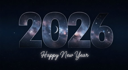 Happy new year 2026 with numbers filled with a serene space scene. Stars and a crescent moon against a dark starry sky, cosmic theme, astronomical illustration, peaceful night sky, celestial atmosphere, wondrous galaxy, dreamlike quality, vast universe, ethereal beauty, abstract outer space, calming visual.の素材