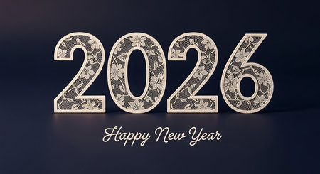 Happy New Year 2026 text featuring an intricate white lace pattern on a sophisticated dark background. An elegant and delicate holiday greeting design, combining traditional artistry with modern typography. Perfect for refined new year wishes and announcements.の素材