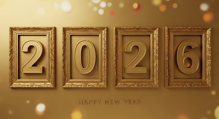 Happy new year 2026 golden numbers in frames gold background. Happy new year celebration design element with luxurious gold frames. Opulent new year greeting card or banner with shimmering bokeh. Wealthy and prosperous happy new year concept. Rich and lavish celebration of 2026.の素材
