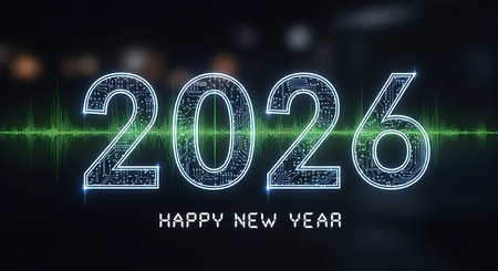 Happy new year 2026 as glowing circuit board numbers. Futuristic new year greeting. Cyber technology theme for upcoming year. Sound waves in background add dynamic feel. Innovative digital design. Celebrating 2026 with a modern edge. High tech holiday visual.の素材