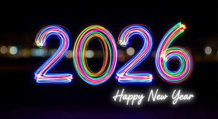 Happy new year 2026 with bright neon light trails. Numbers formed by glowing colorful lines against a dark, blurred background with bokeh. Dynamic and energetic visual effect. Modern celebration, festive design. Futuristic aesthetic. Light painting style for new year's greeting.の素材