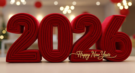 Happy new year 2026 text in plush red velvet texture, elegant lettering with golden script, warm cozy background. Luxurious 2026 numbers in soft fabric, festive season ambiance with blurred lights, signifying comfort and prosperity for upcoming year.の素材