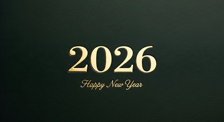 Happy new year 2026 in elegant golden embossed font. dark green background creates a sophisticated contrast. classic greeting for the upcoming year. luxurious and refined design. a stylish way to welcome 2026. formal new year wishes. rich and deep color palette. premium quality appearance. timeless and chic aesthetic. perfect for corporate or personal greetings.の素材