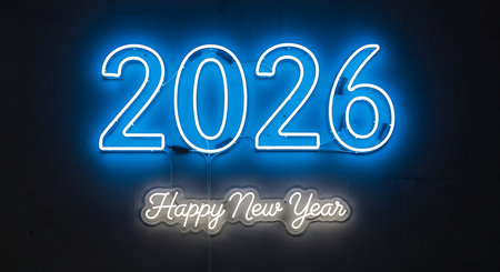 Happy New Year 2026 is displayed as a glowing blue neon sign. Below the numbers, the phrase 'Happy New Year' is written in elegant script, also in neon. The entire display is set against a dark, textured concrete wall, providing a striking contrast. This contemporary design is perfect for new year celebrations, offering a vibrant and modern aesthetic.の素材