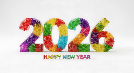 Gummy bear numbers 2026, crafted from colorful, translucent sweets, stand on a pristine white background. Each number is composed of an assortment of red, yellow, green, blue, and purple gummy bears, creating a playful and festive display. Below the numbers, "happy new year" is spelled out in bright, multi-colored letters, conveying a cheerful message for upcoming celebrations. This image captures essence of new beginnings and sweet anticipation.の素材