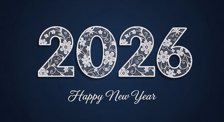 Happy new year 2026 white lace floral numbers dark blue background. Happy new year celebration design element with delicate white lace. Elegant new year greeting card or banner with intricate floral patterns. Refined and sophisticated happy new year concept. Serene and stylish celebration of 2026.の素材