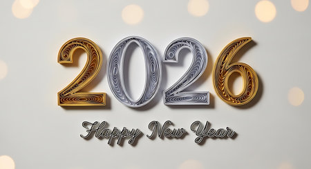 Happy new year 2026 greeting. Quilling paper art numbers in exquisite gold and silver tones. Elegant script text wishing "Happy New Year". Soft bokeh lights on a bright, clean background create a sophisticated and festive atmosphere for the celebration of upcoming year.の素材