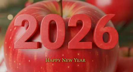 Vibrant 2026 happy new year text in a bold red, prominently displayed on a large, glistening red apple. This fresh and appealing design is perfect for healthy themed new year celebrations, seasonal greetings, and concepts related to well-being and a fresh start.の素材