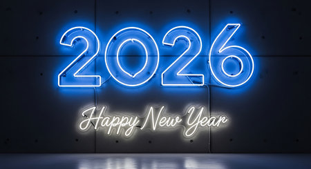 Happy New Year 2026 celebration is highlighted with vibrant blue and white neon light signage. Glowing text stands out against dark concrete wall, symbolizing new beginnings and exciting future ahead. This image is ideal for seasonal greetings, event invitations, and festive designs.の素材