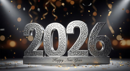 Happy New Year 2026 text crafted from silver metal with a distinctive hammered texture, standing on a solid base. Festive holiday background features golden confetti and elegant streamers falling. Shiny, metallic design for new year greetings, representing celebration and prosperity.の素材