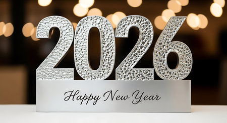 Happy New Year 2026 is presented on textured metallic stand, creating elegant celebration display. Bokeh background adds soft and festive touch. This sophisticated design is ideal for seasonal greetings, corporate events, and refined announcements.の素材