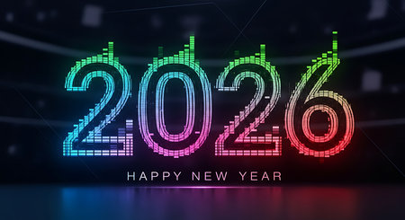 Happy new year 2026 celebration in a vibrant digital equalizer style. Colorful glowing numbers against a dark background, dynamic audio visualization, exciting event concept, bright neon light design, futuristic festive greeting, abstract graphic display, modern technology theme, sound wave illustration, energetic visual effect.の素材