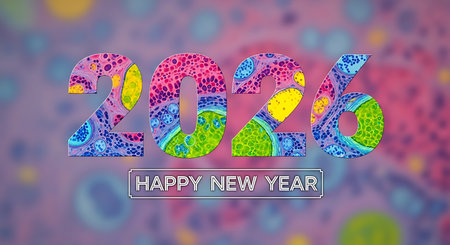 Happy New Year 2026 text showcasing a vibrant, colorful abstract cellular pattern within each number. This microscopic view is set against a soft, blurred bokeh background. A unique and artistic design for new year greetings, representing growth, biology, and abstract beauty.の素材
