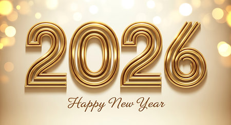 2026 happy new year golden numbers on a bokeh background. 2026 new year text with happy new year celebration greeting card. new year 2026 poster design. 2026 happy new year celebration banner. festive season.の素材
