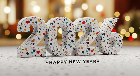 2026 happy new year, numbers with colorful terrazzo texture, standing on a matching speckled surface with soft bokeh in background, playful and cheerful design, modern and stylish celebration concept, festive greeting with abstract patterns, bright and welcoming new year visualの素材
