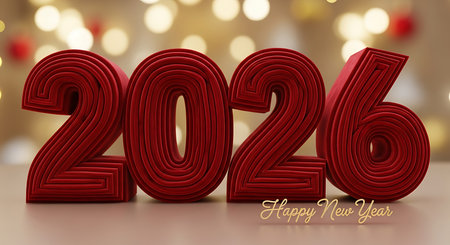 Happy New Year 2026 celebration. Elegant red textured numbers for the year 2026 stand prominently. The scene is illuminated by festive bokeh lights in gold and white. Small red ornamental balls are subtly scattered in the background. A soft, blurred backdrop enhances the celebratory atmosphere, making it ideal for new year greetings.の素材
