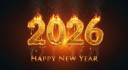 Happy new year 2026 celebration background with golden metallic numbers on fire effect. Burning sparks and glowing molten metal drips create a dramatic and festive greeting design. Dynamic visual for new yearの素材