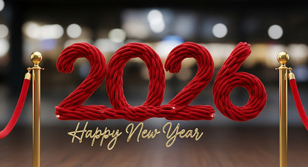Happy new year 2026 red rope numbers red carpet background. Happy new year celebration design element with intertwined rope. Luxurious new year greeting card or banner with elegant posts. Exclusive and sophisticated happy new year concept. Prestigious and grand celebration of 2026.の素材