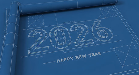 Happy new year 2026 blueprint design featuring numbers and text on a deep blue background. Architectural drawing style evokes future plans and construction concepts. Ideal for engineering, building, and design-related themes. Minimalist and professional.の素材