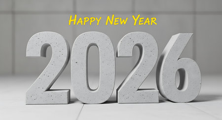 Modern happy new year 2026 greeting, showcasing bold numbers crafted from concrete texture, standing on a light, tiled surface. The cheerful yellow "happy new year" text adds a vibrant contrast to the monochromatic numbers and background. This architectural and contemporary design is perfect for new year greetings in urban settings, construction-related industries, or minimalist aesthetic preferences, symbolizing strength and innovation.の素材