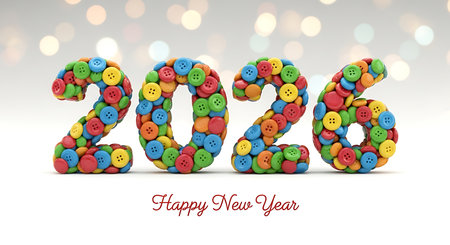 Happy new year 2026 celebration background. Colorful buttons forming 2026. Festive greeting card design. Bright bokeh lights in background. Cheerful and playful new year theme. Holiday season visual. Welcoming upcoming year with fun and vibrancy.の素材
