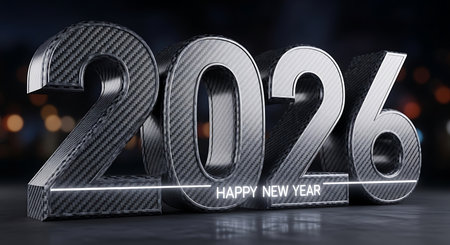 Happy new year 2026 rendered in glossy carbon fiber texture. Sleek, metallic numbers with subtle light reflections. Dark, blurred background for a sophisticated and modern feel. Industrial or high-tech aesthetic. New year celebration with a futuristic and robust design.の素材