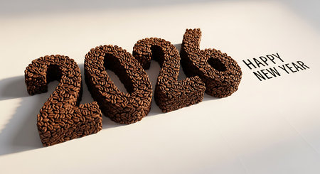 Happy new year 2026 crafted from coffee beans. textured and aromatic greeting. light background provides clean contrast. celebrating new beginnings. unique and creative approach. warm brown tones. a delightful way to welcome 2026. perfect for coffee lovers. food-themed holiday wishes. inviting and cozy atmosphere. rustic yet refined design.の素材
