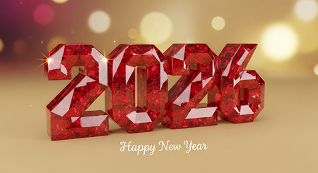 Happy new year 2026 greeting. Faceted ruby gem numbers shimmer with sparkling reflections. Blurred bokeh lights on golden background create an opulent and luxurious atmosphere. This design signifies a brilliant and prosperous upcoming year.の素材