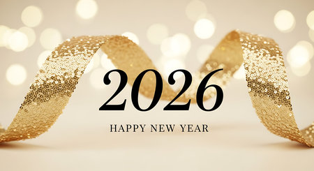 Happy new year 2026 with luxurious golden sequin ribbon. Elegant new year greeting card. Sophisticated design for upcoming year celebrations. Soft bokeh lights in background create warm festive ambiance. Upscale holiday season visual. Welcoming 2026 with opulence.の素材