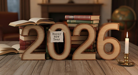 Happy new year 2026 celebration set in inviting living room with wooden numbers arranged on rustic table. Open books stack around numbers, symbolizing knowledge and new beginnings. Lit candle adds warm glow, creating cozy and welcoming atmosphere, perfect for contemplating year ahead.の素材