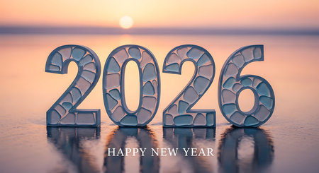 Happy new year 2026 sculpted from translucent ice or glass. numbers stand on beach at sunset. reflecting light beautifully. promises new beginnings. serene coastal setting. cool blue tones against warm sunset. tranquil and artistic greeting. unique and creative design. clear and pure visual. symbol of fresh start and optimism.の素材