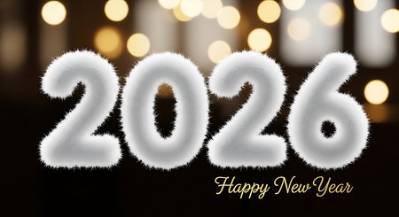 Happy new year 2026 fluffy white numbers blurred bokeh background. Happy new year celebration design element with soft texture. Soft new year greeting card or banner with cozy appearance. Gentle and warm happy new year concept. Inviting and comfortable celebration of 2026.の素材