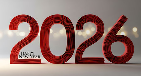 Happy new year 2026 composed of red folded paper strips. Elegant new year greeting card. Modern design for upcoming year celebrations. Bokeh light background creates festive atmosphere. Sophisticated visual for holiday season. Welcoming 2026 with style.の素材