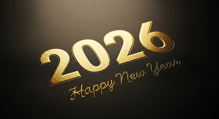 Elegant happy new year 2026 greeting, featuring polished golden numbers and script text "happy new year" on a sophisticated dark, textured background resembling leather or a rich matte finish. The subtle lighting enhances the metallic gleam of the numbers. This refined design is ideal for formal new year wishes, business communications, and high-end celebratory visuals, conveying a sense of prestige and class.の素材